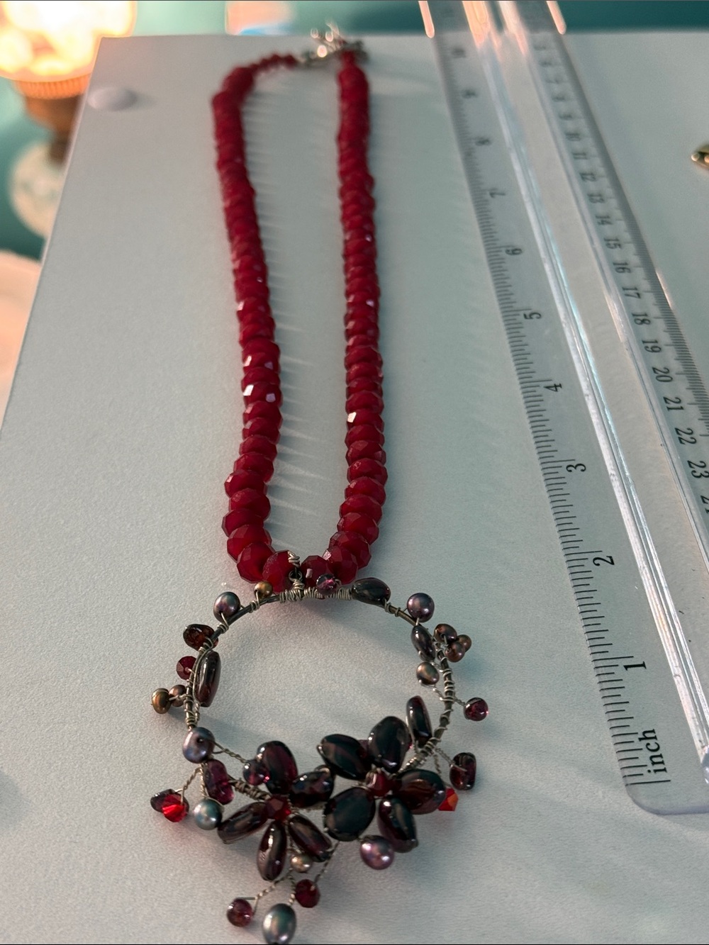 Source Unknown Red Beaded Necklace with Floral Hoop Pendant